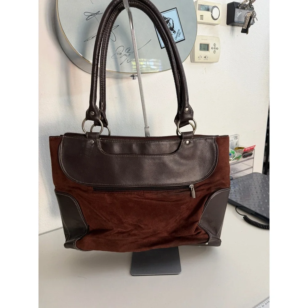 Brown Faux Suede Leather Laptop Tote Bag Professional Work Shoulder Bag 15in
